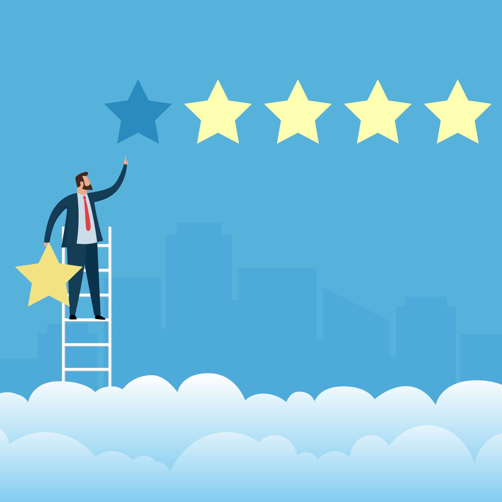 Businessmen giving five stars rating. Reputation and quality concept. Businessmen giving five stars rating. Reputation and quality concept. Flat vector illustration.